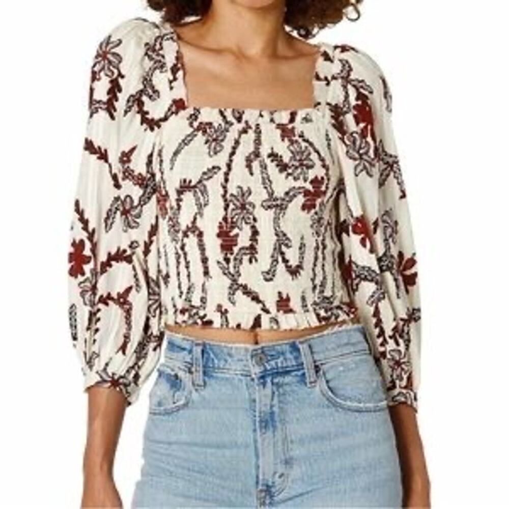 Joie Cream Floral Puff Sleeve Smocked Crop Top Size Medium